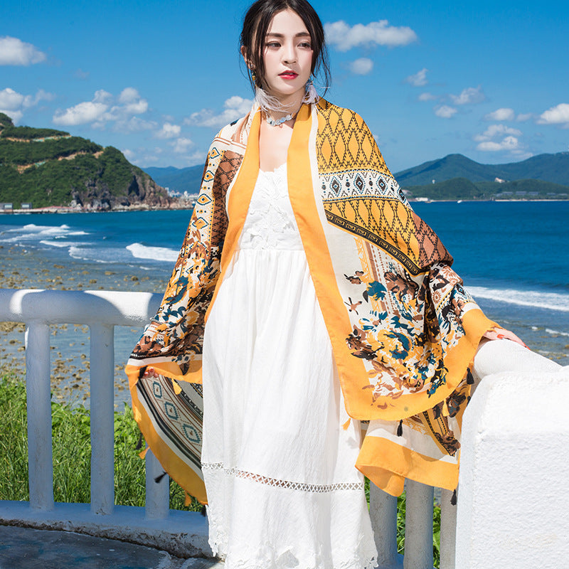 Fringed cotton and linen scarf
